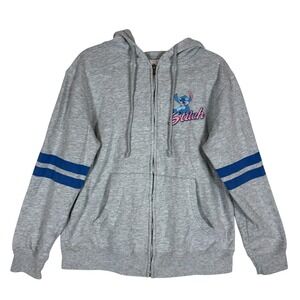 Disney Stitch Hoodie Womens Large Gray Full Zip Fleece Stripe Sleeve Graphic